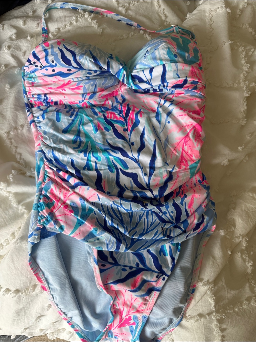 Lilly Pulitzer Blue, Pink & Aqua Tropical Ruched One-Piece Swimsuit